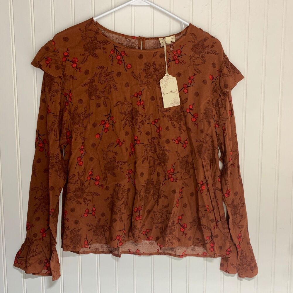 Hem & Thread Blousey Top Rust Size Large Long Sleeve Boho Peasant
